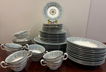Large Set Of Wedgwood Florentine Turquoise Bone China Cups And Plates.