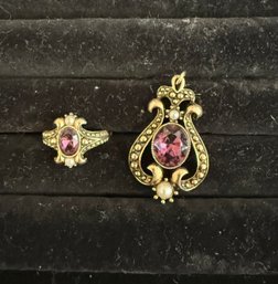 Avon Victorian-style Ring And Pendant Set With Purple Gemstones And Pearls