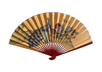 Large, Hand-painted Folding Fan Featuring Peacocks And Chinese Calligraphy