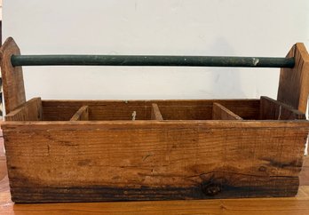 Rustic, Divided Wooden Toolbox With A Painted Handle.