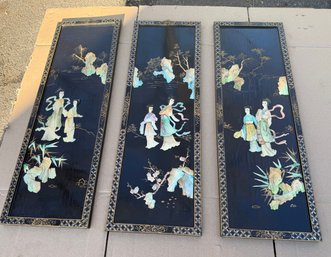 Set Of Three Vintage Chinese Mother-of-pearl Inlaid Lacquered Panels