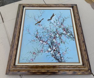 Oil Painting Of Birds On A Flowering Branch By C. Jeffares