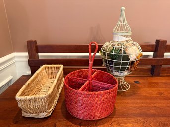 Baskets: Divided Basket, Long Basket And A Distressed Cream Metal Pedestal Cage Filled With Potpourri.