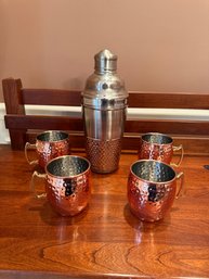 Contemporary Hammered Copper Moscow Mule Mugs And Stainless Steel Shaker Set