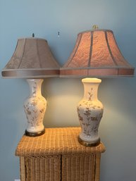 Pair Of Cream Ceramic Table Lamps With Raised Floral Motifs And Brass Accents