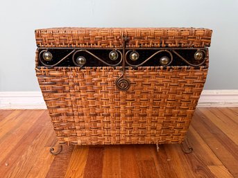 Vintage Woven Rattan Storage Chest With Wrought Iron/glass Accents Has Metal Latch