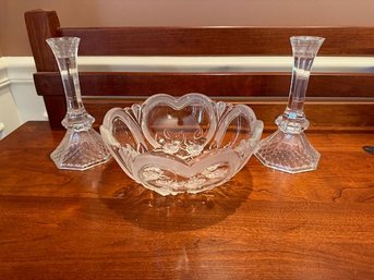 Frosted Floral Glass Serving Bowl With Two Matching Candlesticks