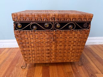 Vintage Woven Rattan Storage Chest With Wrought Iron/Glass Accents Missing Metal Latch