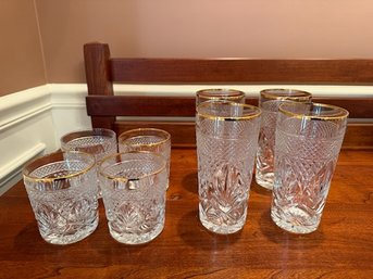 Vintage Gold-rimmed Cut Glass Tumblers And Rocks Glasses