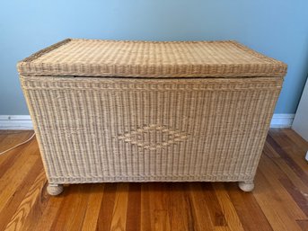 Mid-century Wicker Storage Trunk With A Hinged Lid And Decorative Diamond Pattern