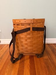 Woven Wooden Backpack-style Basket With A Fabric Strap