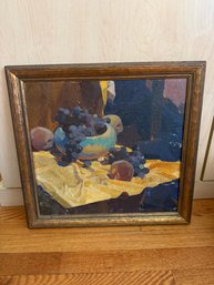 Impressionistic Oil Painting Of Grapes, Peaches, And A Bowl