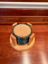 Vintage Green Marble And Cork Coasters With A Wooden Holder.