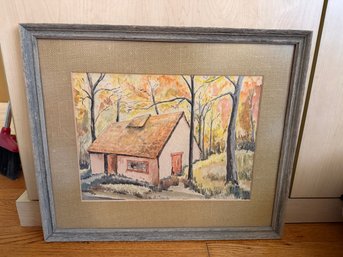 Watercolor Painting Of A Cabin In Autumn Woods, Signed