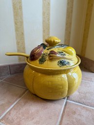 Vintage Yellow Ceramic Soup Tureen With Vegetable Lid And Ladle