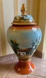 Loucarte SA Leart Co Portugal Hand-painted Scenic Lidded Ceramic Vase With A Glossy Orange-brown Base.
