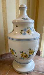 Hand-painted Italian Ceramic Lidded Apothecary Jar With Floral Motifs