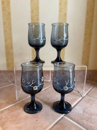 Vintage Libbey Smoked Blue Glass Goblets With Hand-painted Floral Decoration