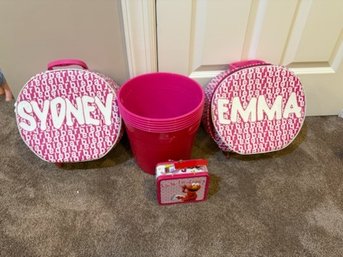 Emma And Sydney Cases, Elmo Metal Box And Pink Buckets