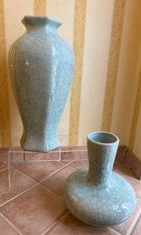 Pair Of Celadon Crackle Glaze Vases, Likely Decorative Reproductions
