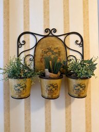 Vintage Floral Three-bucket Wall Planter With Ornate Wrought Iron Frame With Faux Spices