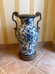 Winward Decor Blue And White Crackled Ceramic Vase With Bronze Handles And Base.