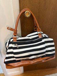 Canvas And Faux Leather Weekender Duffel Bag, Featuring A Distinct Black-and-white Striped Design