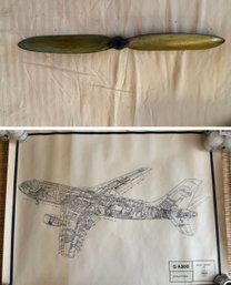 Vintage Two-bladed Wooden Aircraft Propeller W/ Metal Hub/Airbus A300 Structure Cutaway Technical Blueprint