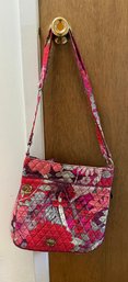 Vera Bradley Quilted Cotton Crossbody Bag With Red/pink Floral Pattern.