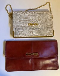 1980s Two Vintage Clutch Purses: One Snakeskin-style With A Gold Chain, One Red Leather.