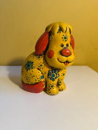 Vintage Yellow Ceramic Dog Coin Bank With Floral Decorations
