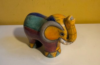South African Raku-style Ceramic Elephant Figurine With A Multi-colored Glaze