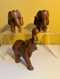 Vintage Carved Wooden Elephant Toothpick Holders With Bead Eyes & Wood Elephant