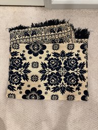Vintage Mid-century Jacquard-woven Navy And Cream Floral Coverlet