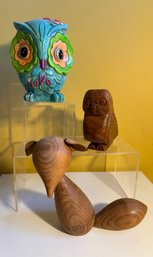 Carved Wooden Fox/dog, Stylized Scandinavian Design, Vintage Wooden Owl Figurine W/ Red Glass Eyes, & More