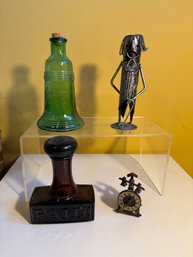 Green Liberty Bell Bottle, Dark Amber Glass Inkwell Shaped Like A Stamp With The Word 'PAID' And More