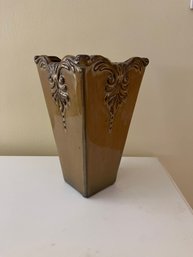 Embossed Ceramic Square Vase With A Glossy Brown Glaze