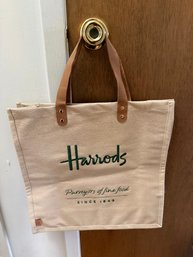 Harrods Embroidered Jute Grocery Shopper Bag Featuring The Iconic Department Store's Logo And Food Hall Brand