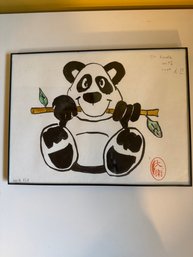 Framed Ink And Watercolor Drawing Of A Panda With Bamboo