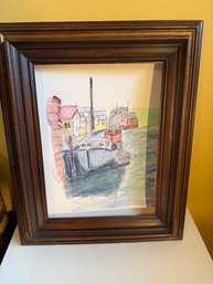 Watercolor Painting Of A Harbor Scene With Boats And Buildings