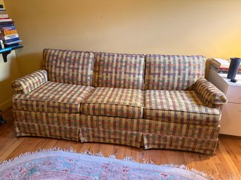 Vintage Three-seat Plaid Sofa Bed With Rolled Arms And Skirted Base