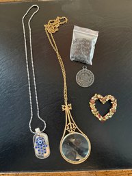 Vintage Gold-Tone Magnifying Glass Pendant, Hamsa Hand Pendant Necklace, 1940 Medal From Peekskill & More