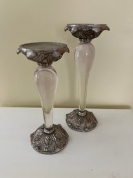 Pair Of Victorian-style Silver-plated And Frosted Glass Pedestals