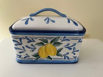 Hand-painted Ceramic Bread Box With Lemon And Blue Leaf Motif