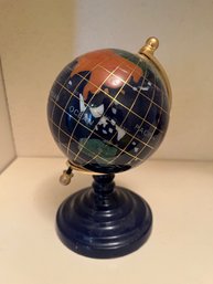 Mini Decorative Lapis Lazuli And Gemstone Inlaid Globe On A Blue Stand.