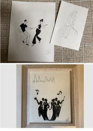 Stylized Ink Drawing Of A Couple Dancing In A Retro Style & Framed Ink Drawing Of A Jazz Ensemble With A Citys