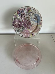 Chinese Floral Plate And Vintage Sunflower Depression Glass Footed Plate