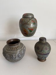 Vintage Brass/enamel Lidded Ginger Jar, Antique Indian Bronze Ritual Vessel & Cloisonné/Kashmir-style Enameled
