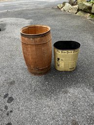 Wooden Barrel And Vintage MetalNY Times Garbage Can