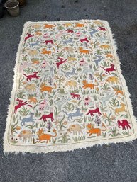 Handmade Wool Embroidered Folk Art Animal Tapestry/Rug With A Jungle Safari Theme.